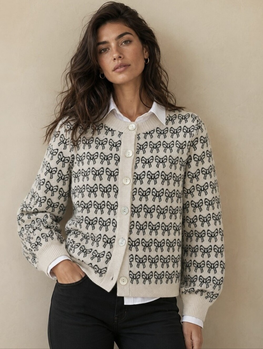 ICHI Cardigan Sweater Beige Bow Pattern Button Up Ihbrielle Preppy Women's Sz S
